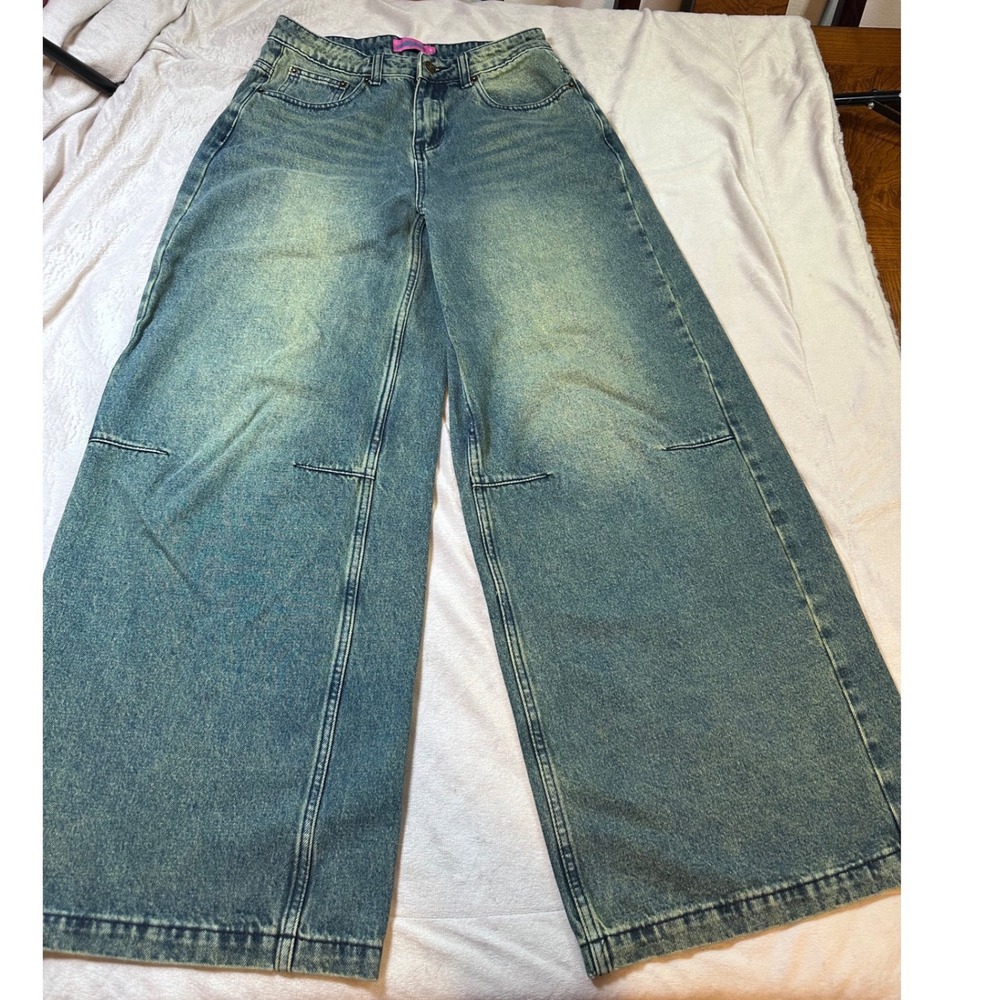 Edikted Women Blue Acid Wash Wide Leg High Rise Jeans Size S Streetwear Y2K